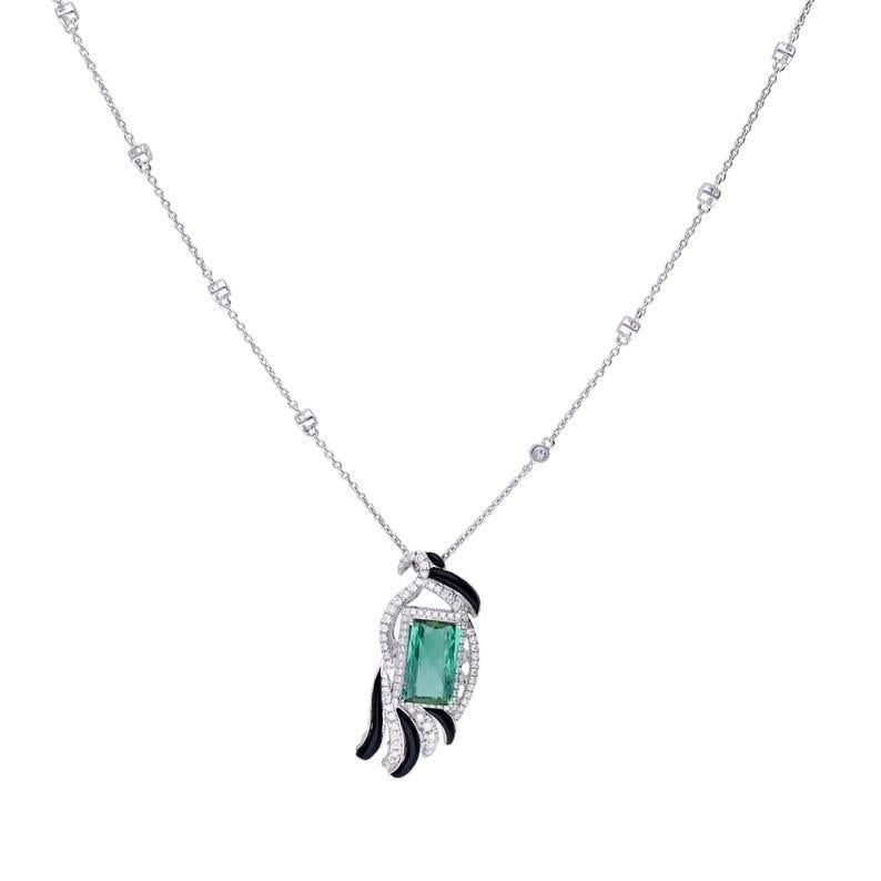 Emerald cut tourmaline 6.3 Cts gemstone pendant gold / 18k white gold diamond