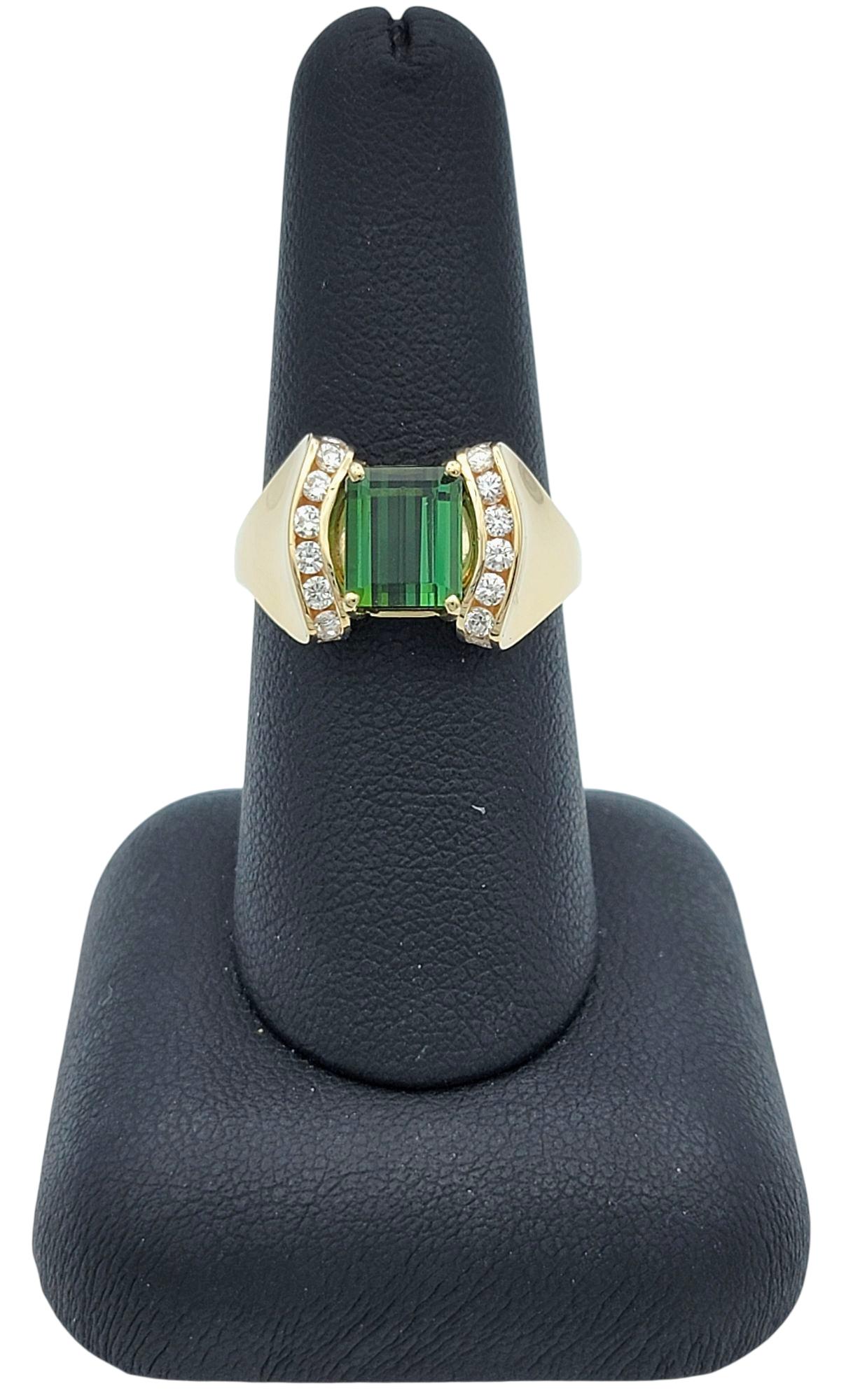 Emerald Cut Tourmaline and Channel Set Diamond Ring in 14 Karat Yellow Gold im Angebot 5