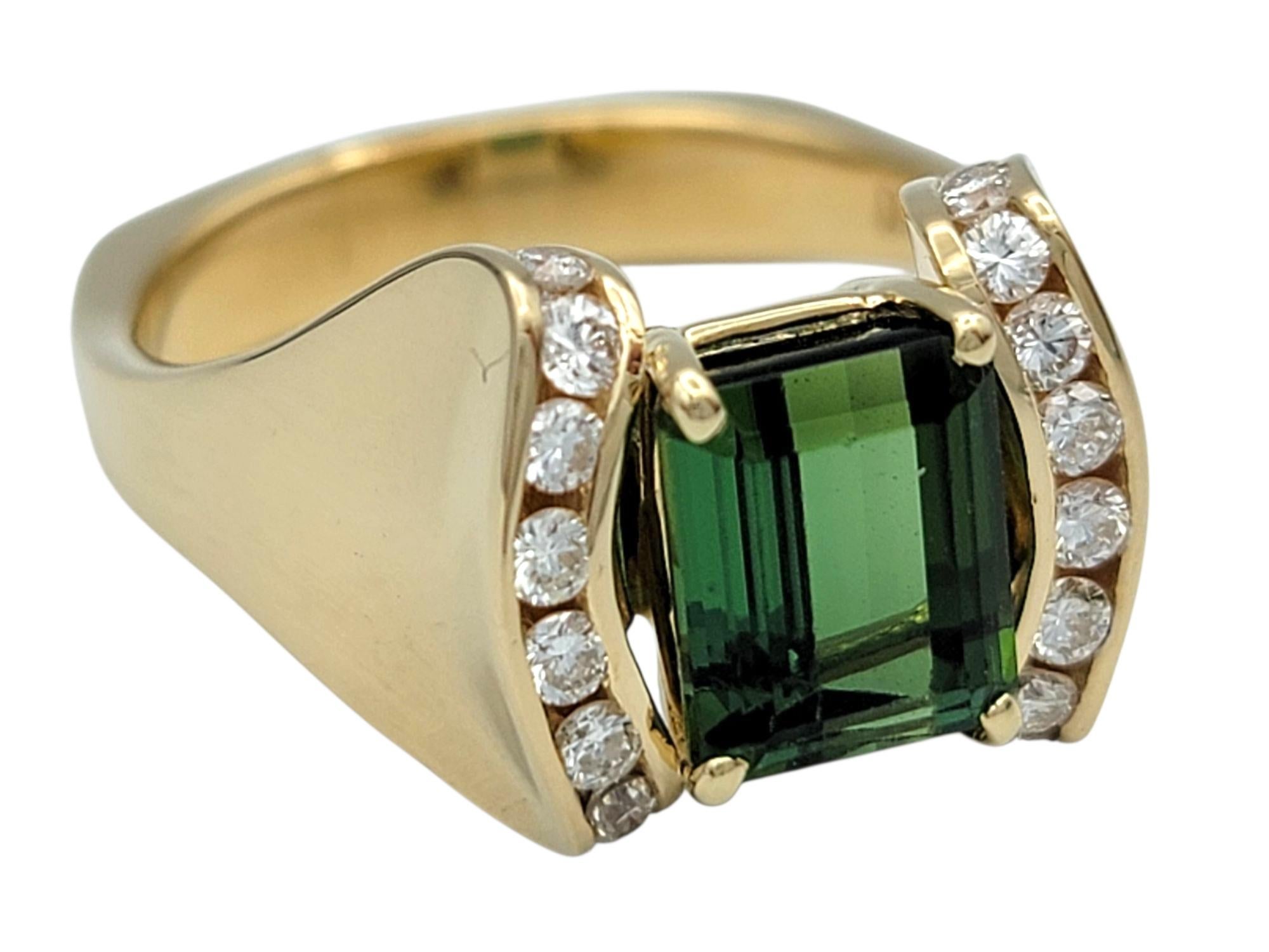 Emerald Cut Tourmaline and Channel Set Diamond Ring in 14 Karat Yellow Gold (Smaragdschliff) im Angebot