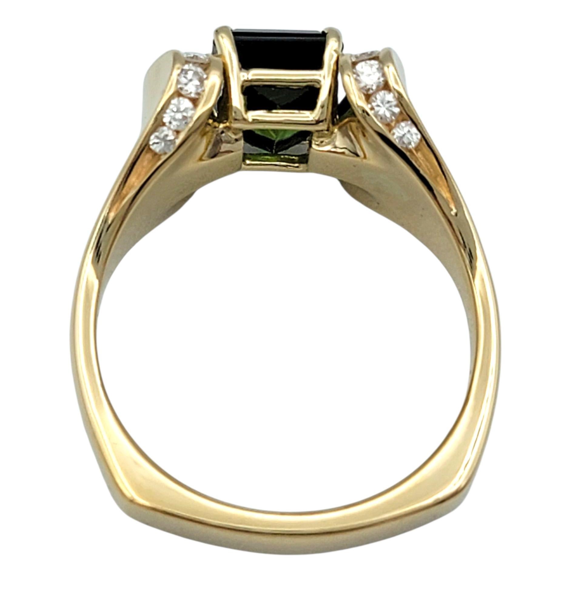 Emerald Cut Tourmaline and Channel Set Diamond Ring in 14 Karat Yellow Gold im Angebot 1