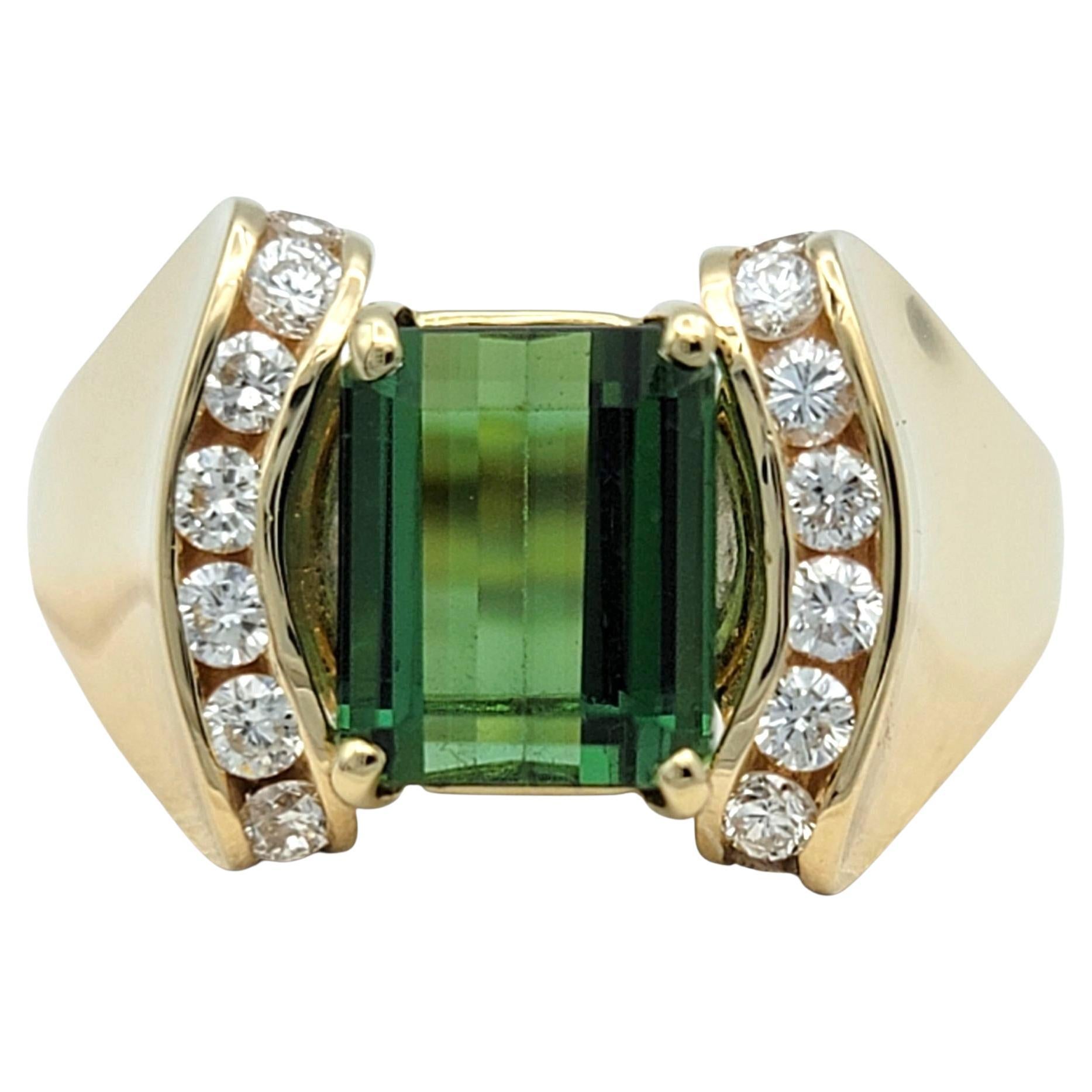 Emerald Cut Tourmaline and Channel Set Diamond Ring in 14 Karat Yellow Gold