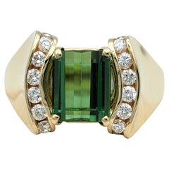 Emerald Cut Tourmaline and Channel Set Diamond Ring in 14 Karat Yellow Gold