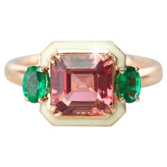 Emerald Cut Tourmaline Ring, Tourmaline and Emerald Fancy Ring