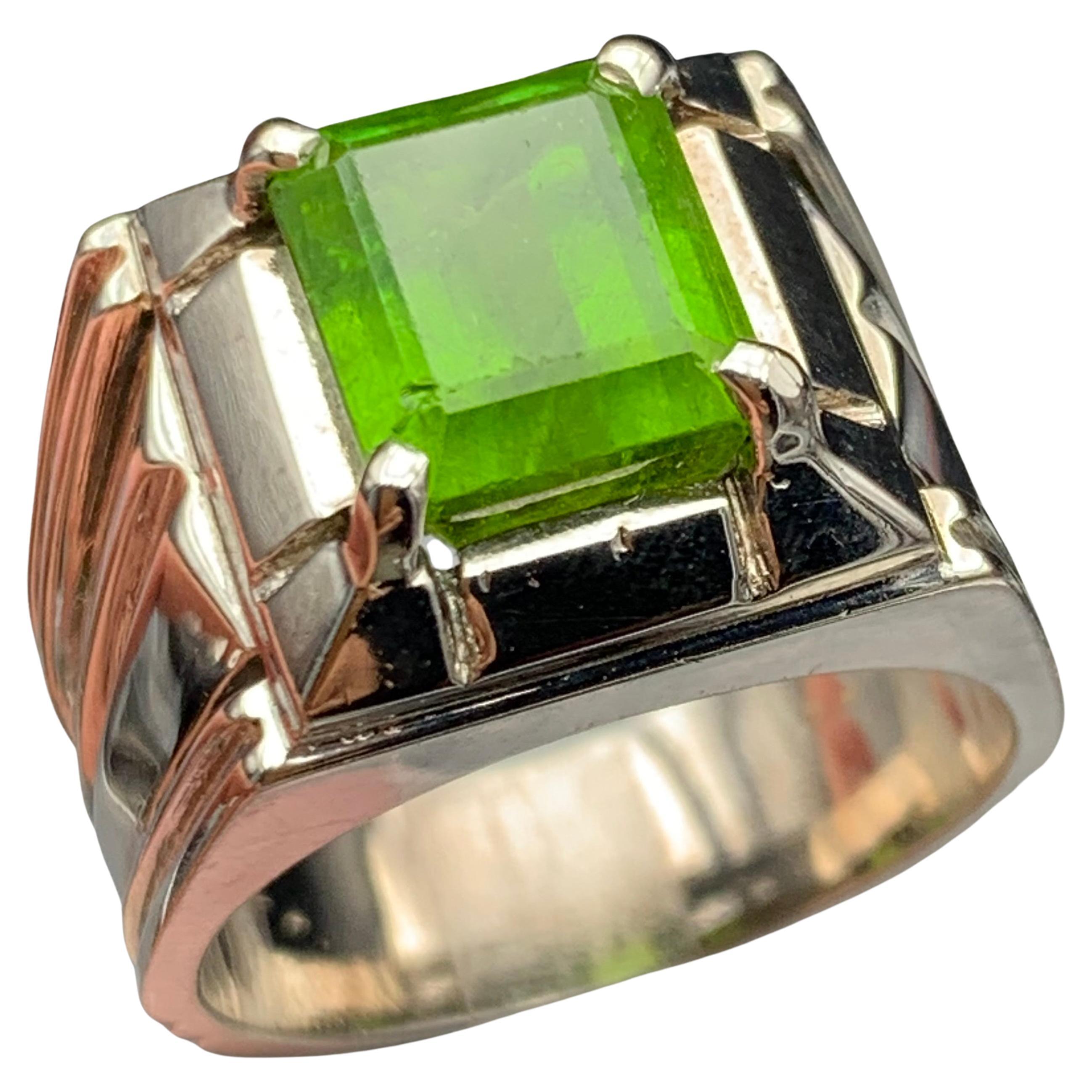 Emerald Cut Vivid Green Tourmaline Cocktail Ring, Handmade 925 Sterling Silver