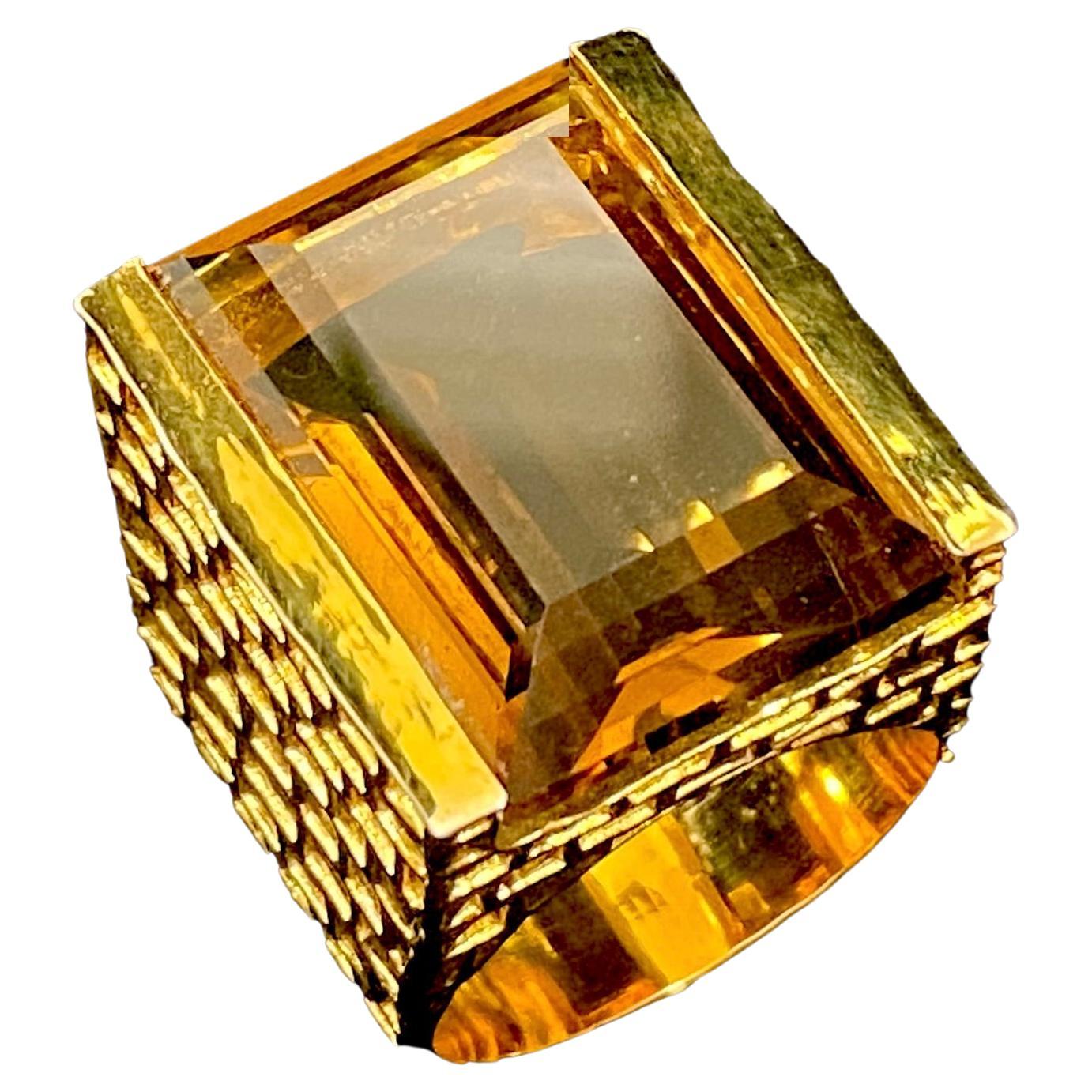 Emerald Cut Whiskey Quartz Chiselled 'Stephie' Ring For Sale
