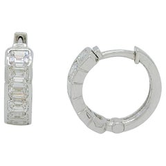Emerald Cut White Diamond Huggie Hoop Earrings in 18k White Gold