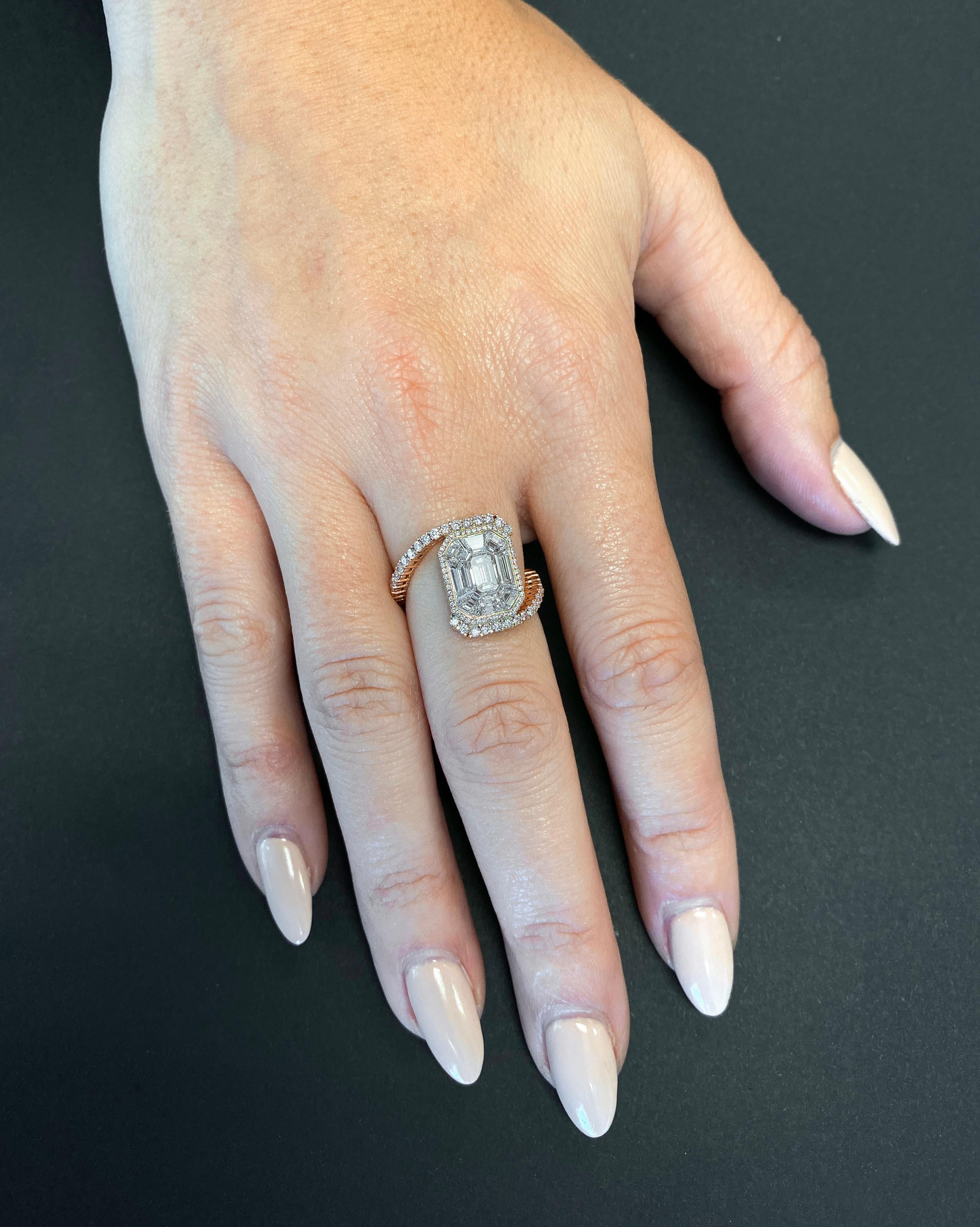 The Emerald Cluster Diamond Ring
1.66CT Emerald Cut White Diamond Center Stone
.60CT White Diamonds Pave set onto 18KT Rose Gold.
Crafted to order. Please allow up to 3 weeks for delivery.