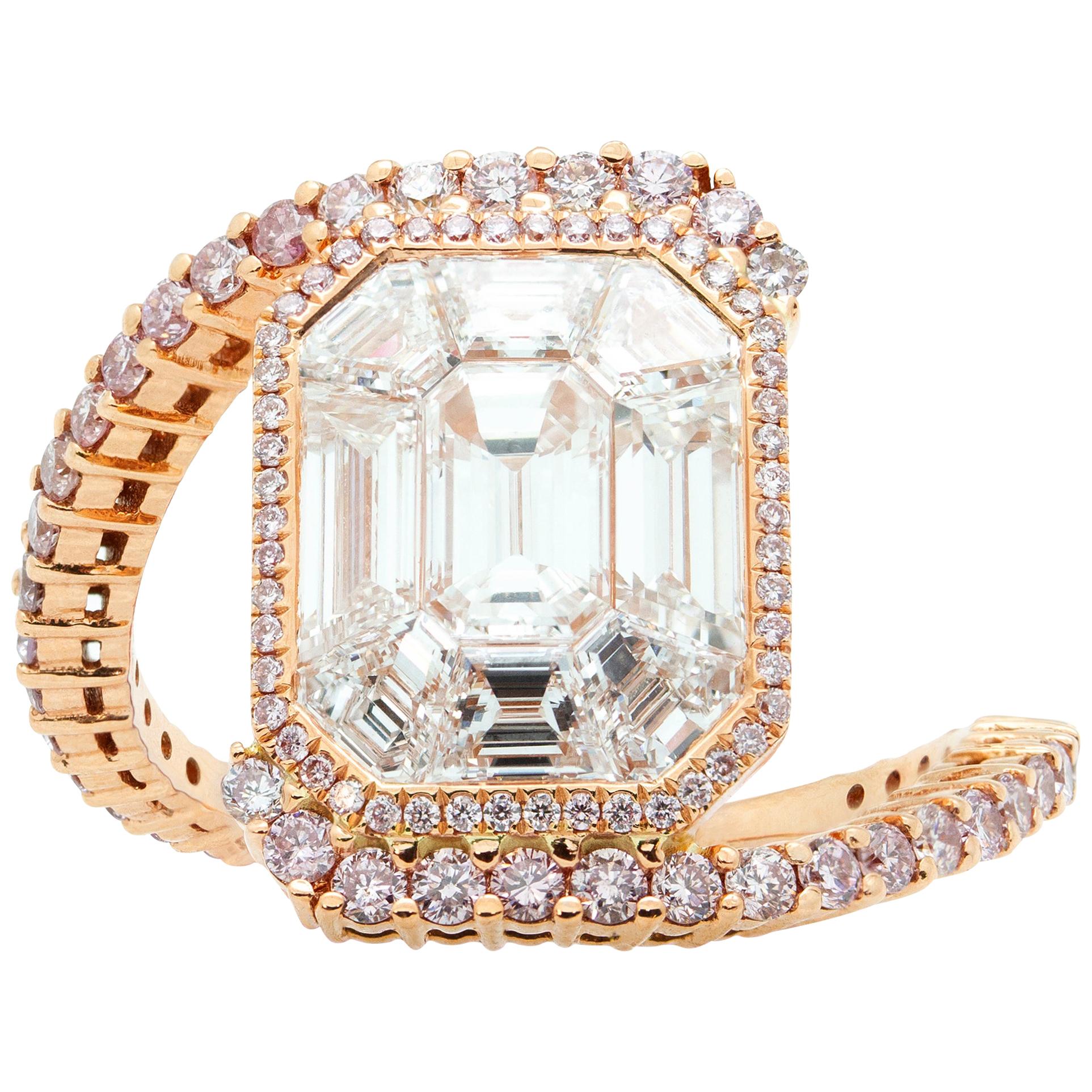 Emerald Cut White Diamond Rose Gold Cluster Ring For Sale