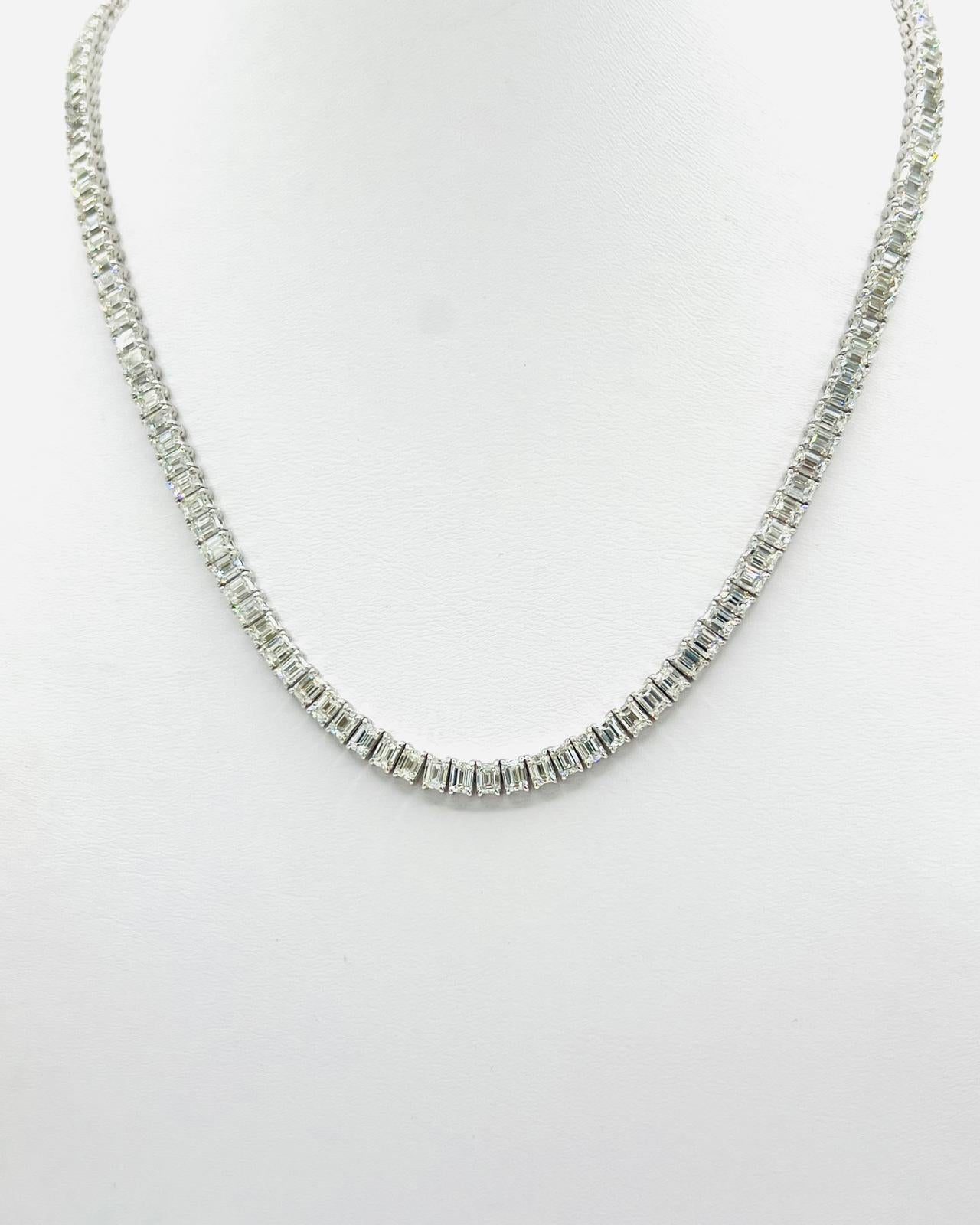 Women's or Men's  Emerald Cut White Diamond Tennis Necklace in 18K White Gold For Sale