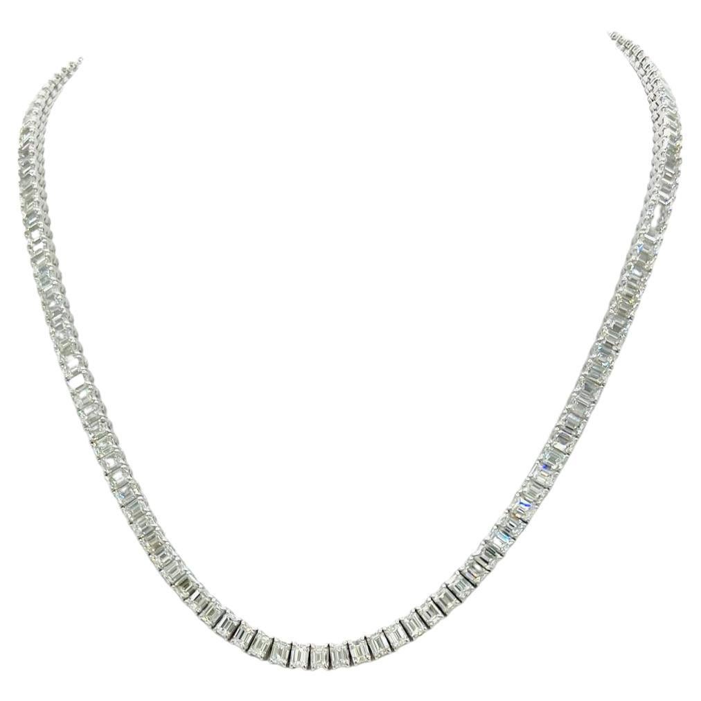  Emerald Cut White Diamond Tennis Necklace in 18K White Gold For Sale