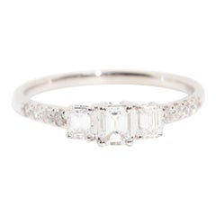 Emerald Cut White Diamond Three Stone Vintage Ring in 9 Carat White Gold