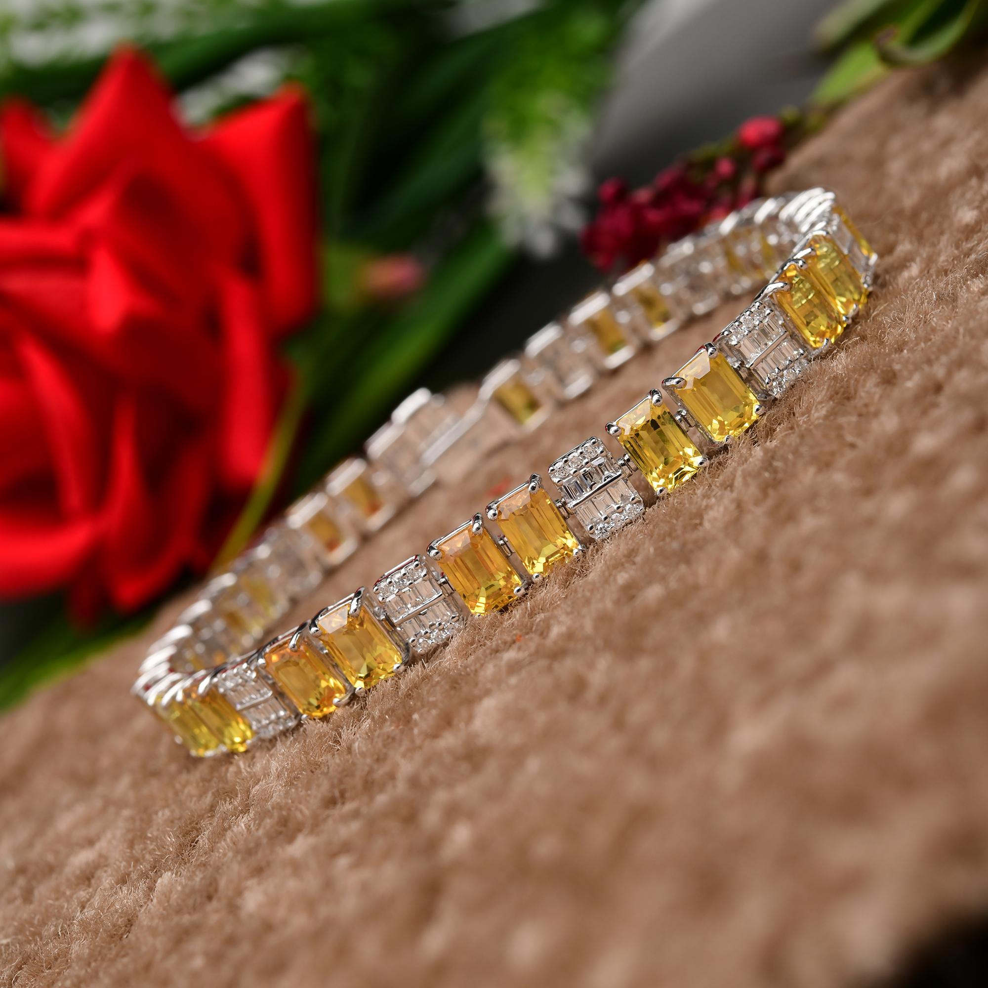 Women's Emerald Cut Yellow Sapphire Bracelet SI/H Diamond 18 Karat White Gold Jewelry For Sale