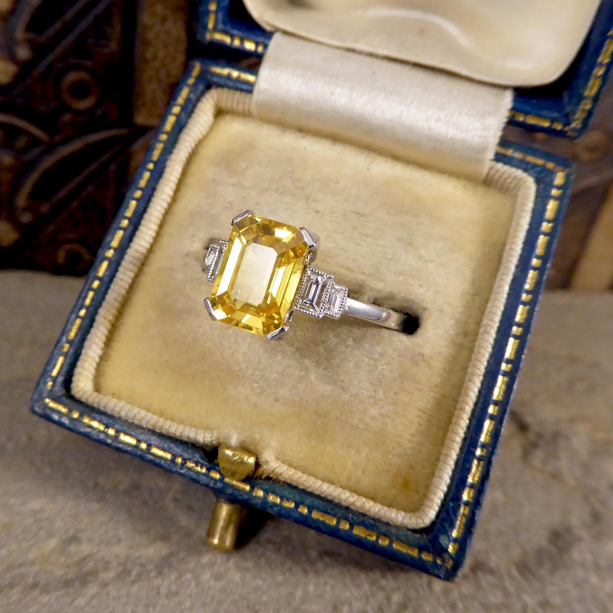 Emerald Cut Yellow Sapphire with Baguette Cut Diamond Shoulders Ring in Platinum In Good Condition In Yorkshire, West Yorkshire