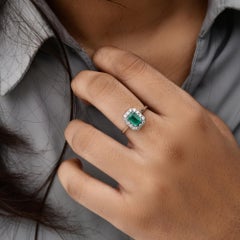 Emerald Cut Zambian Emerald Diamond Halo Birthstone Ring 14K White Gold Jewelry