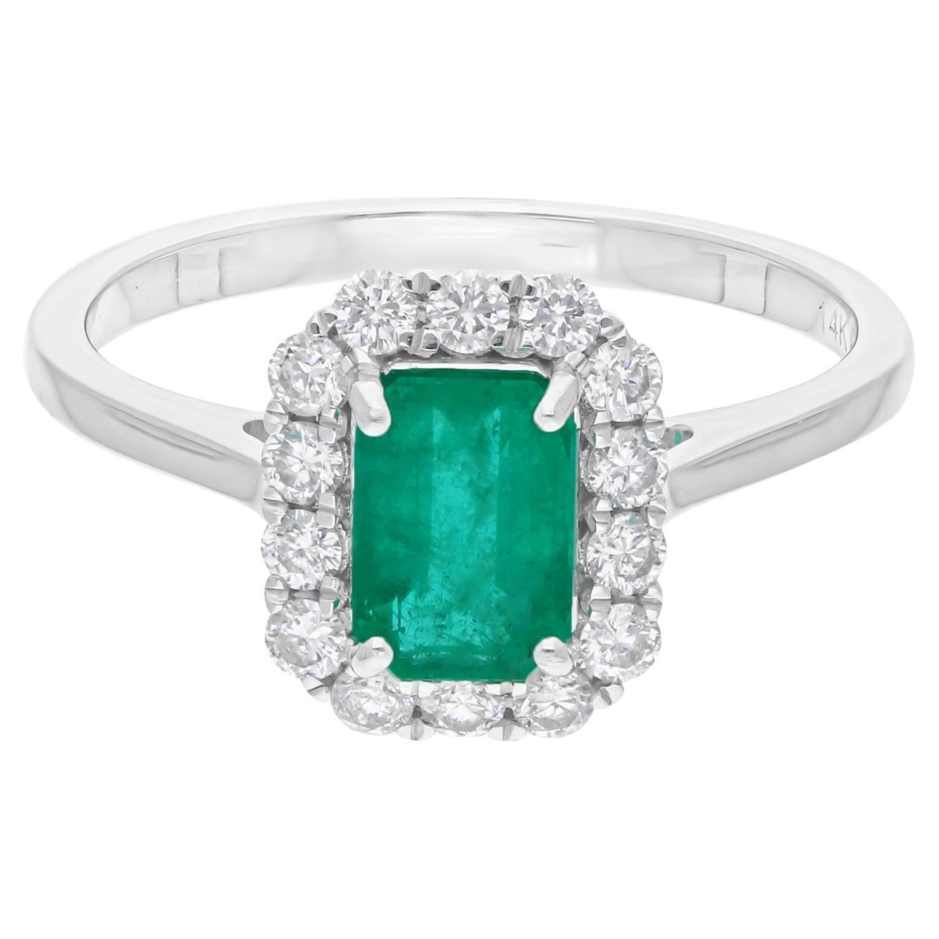 Emerald Cut Zambian Emerald Diamond Halo Birthstone Ring 14K White Gold Jewelry For Sale