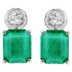 Emerald Cut Zambian Emerald Earrings with Trillion Diamonds 14K White Gold