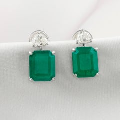 Emerald Cut Zambian Emerald Earrings with Trillion Diamonds 18K White Gold