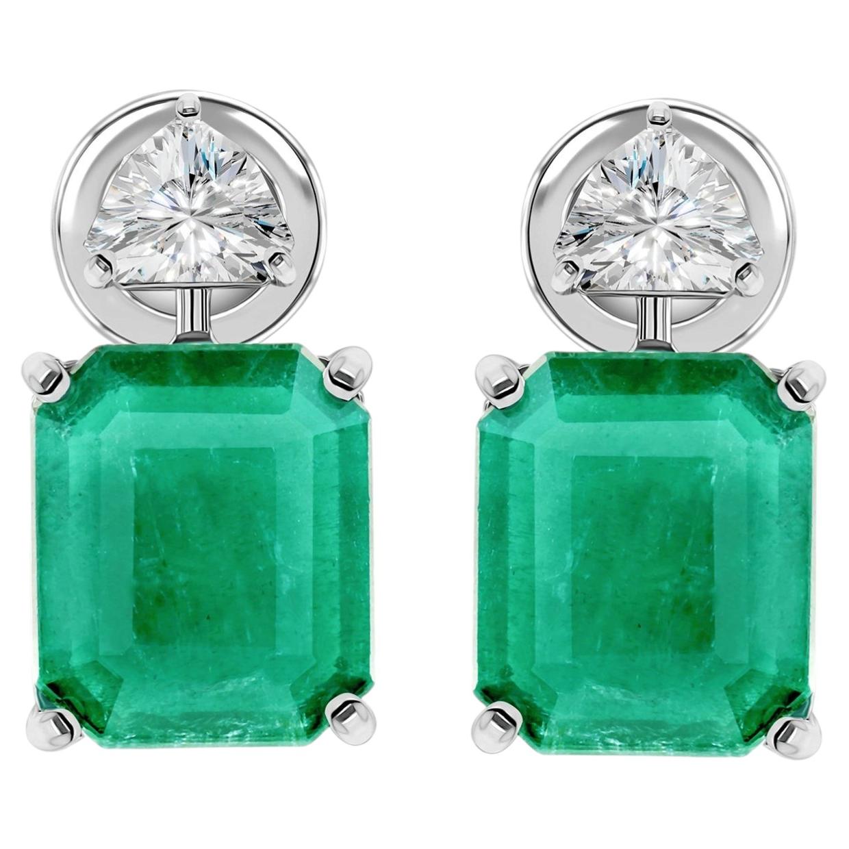 Emerald Cut Zambian Emerald Earrings with Trillion Diamonds 18K White Gold
