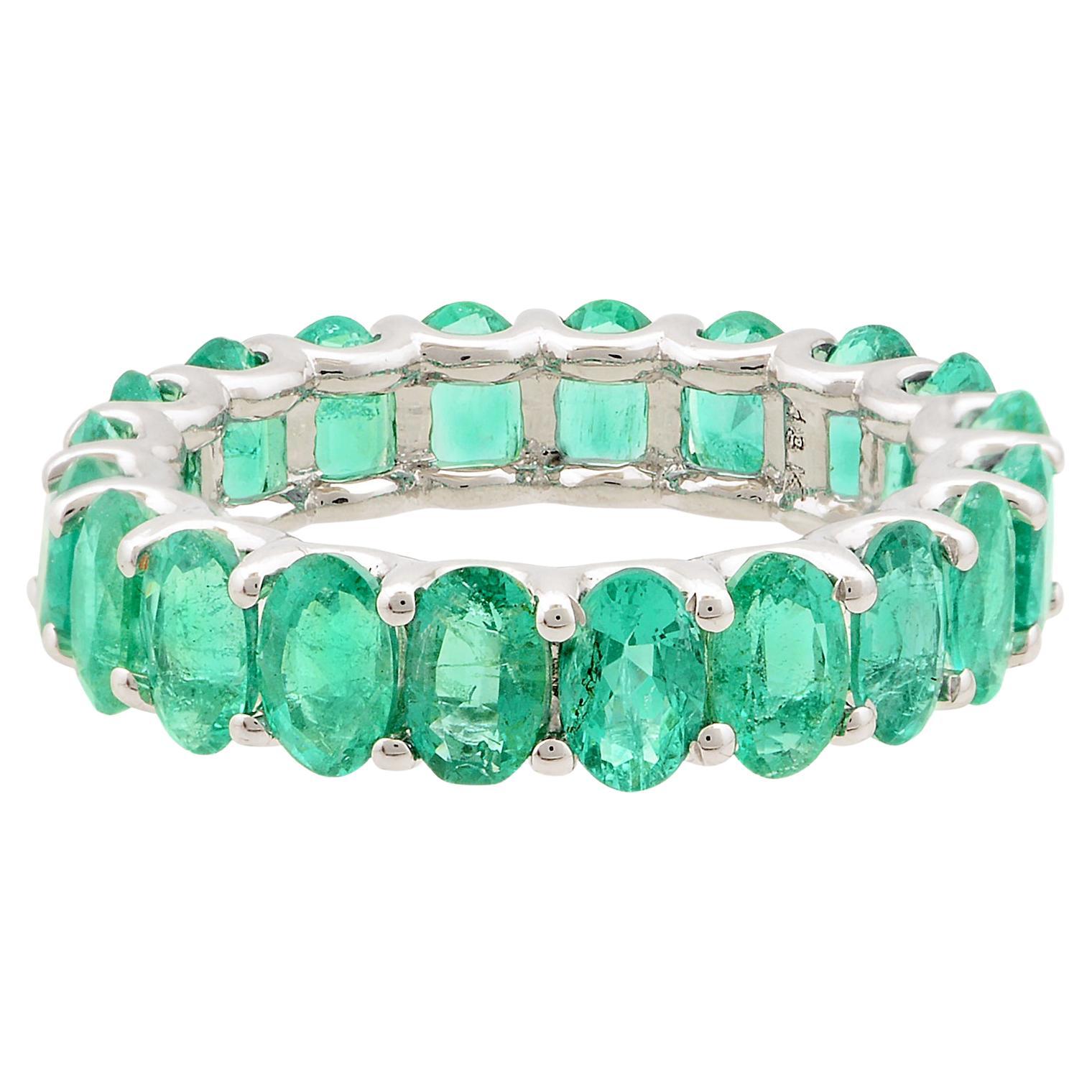 Emerald Cut Natural Emerald Gemstone Band Ring 18 Karat White Gold