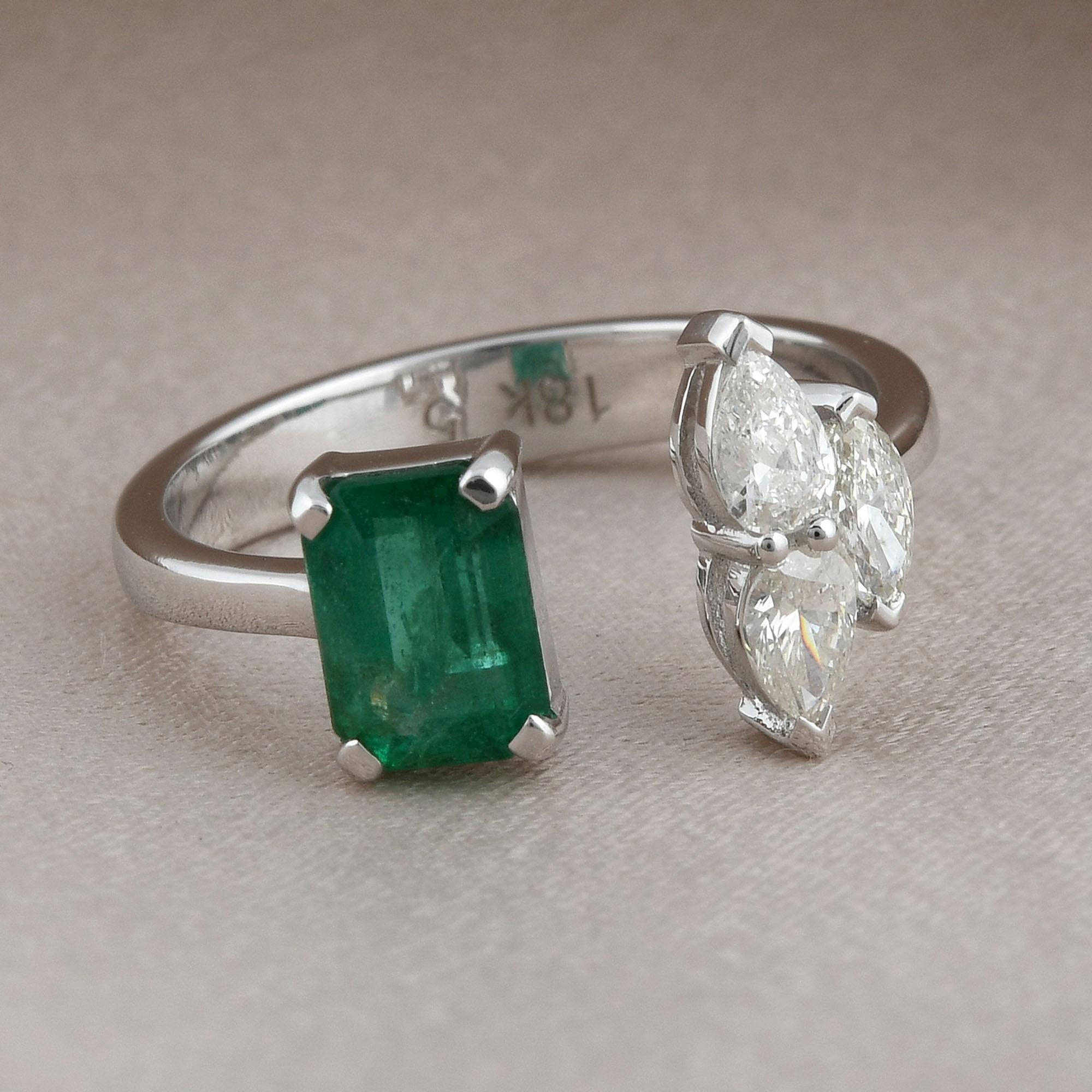 Modern Emerald Cut Natural Emerald Gemstone Cuff Ring Pear Diamond 18 Karat White Gold For Sale