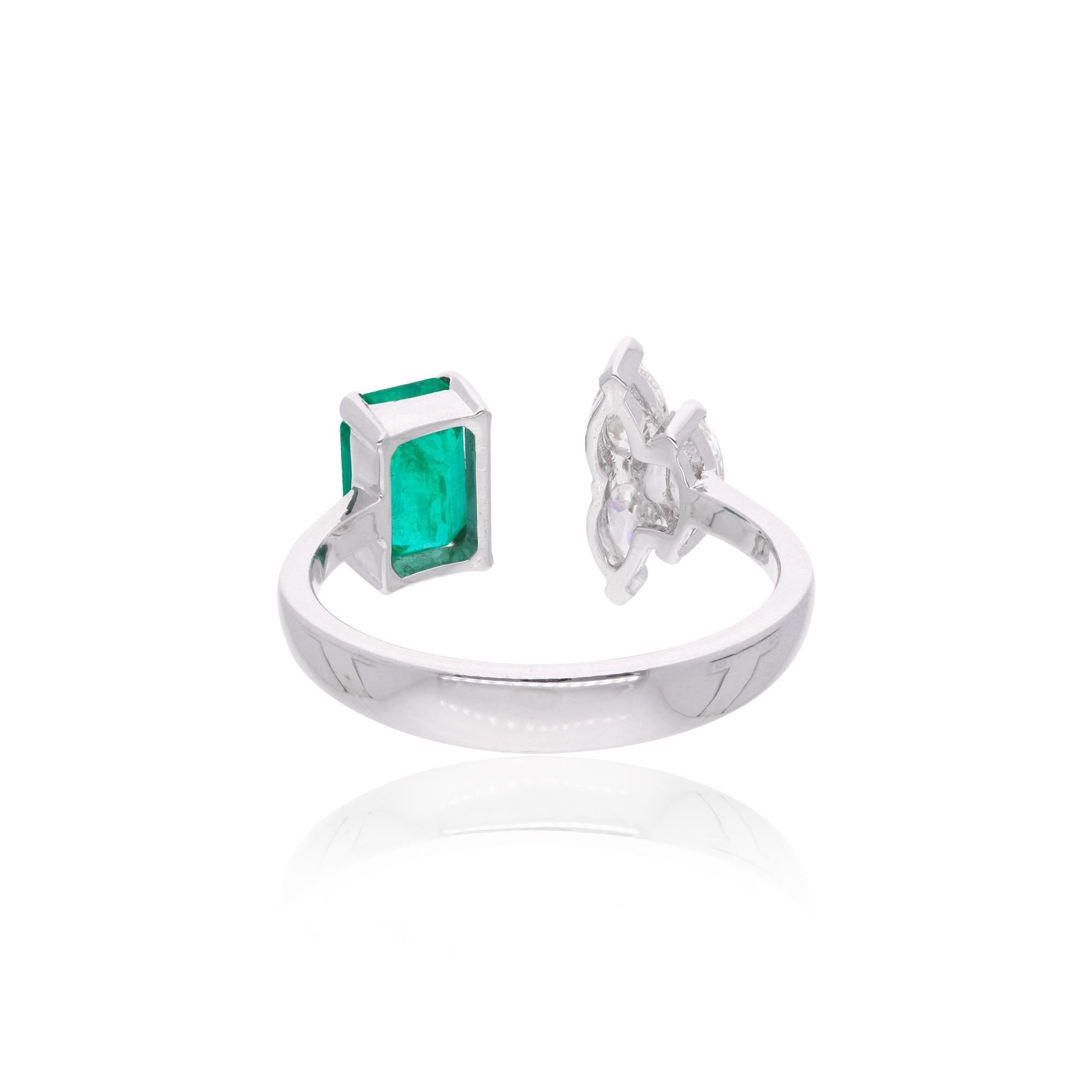 Emerald Cut Natural Emerald Gemstone Cuff Ring Pear Diamond 18 Karat White Gold For Sale 1