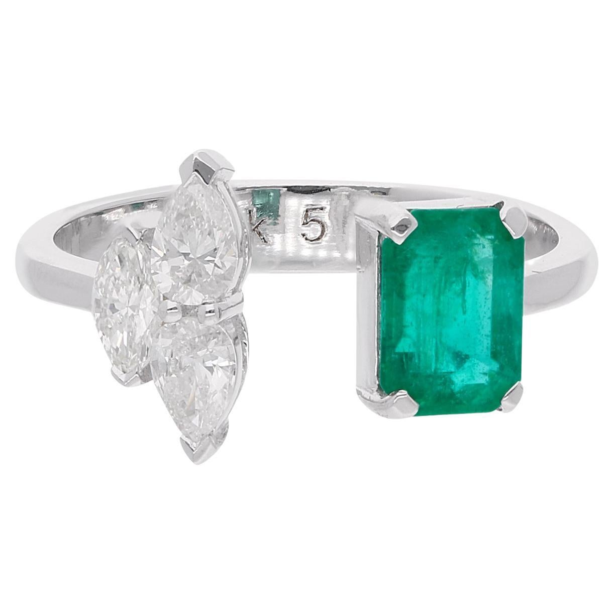 Emerald Cut Natural Emerald Gemstone Cuff Ring Pear Diamond 18 Karat White Gold For Sale