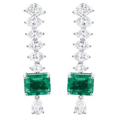 Emerald Cut Zambian Emerald Marquise Cut Diamond Drop Earrings in 18K White Gold
