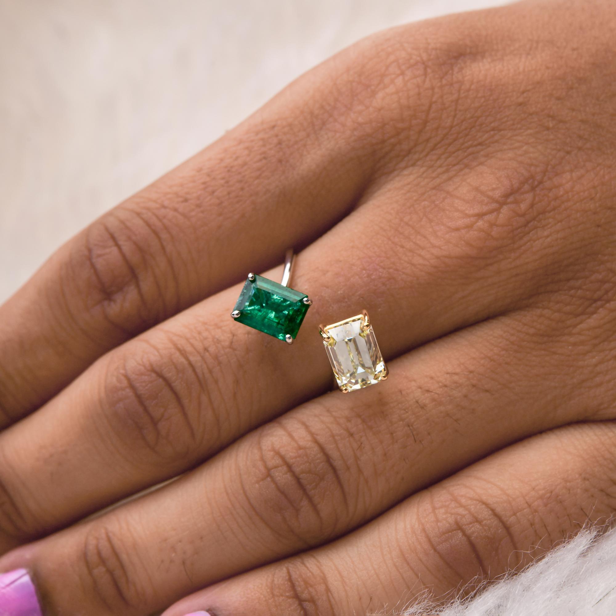 Smaragdschliff Sambia Smaragd Wrap Ring SI/H Diamant 18 Karat Gelb Weißgold (Moderne) im Angebot