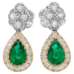 Emerald Dangle Earring  With Diamonds 1.18 Carats 18K Gold