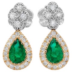 Emerald Dangle Earring  With Diamonds 1.18 Carats 18K Gold