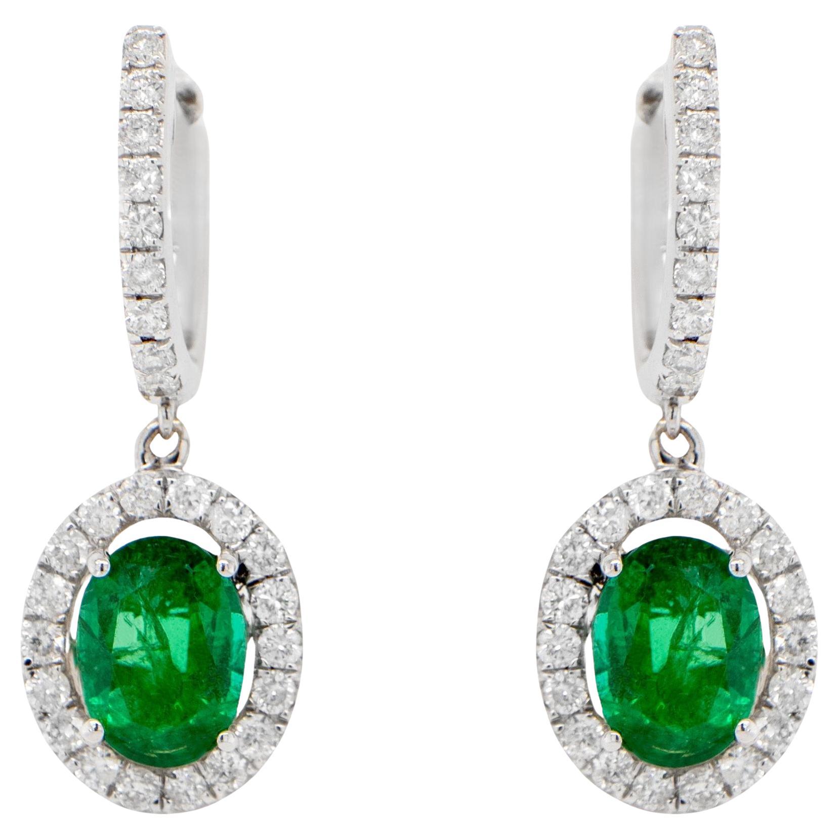 Emerald Dangle Earrings Diamonds 2.83 Carats 18K Gold For Sale