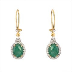 Natural 2.35cts Emerald & 0.38cts Diamond Dangle Earrings in 14k Gold