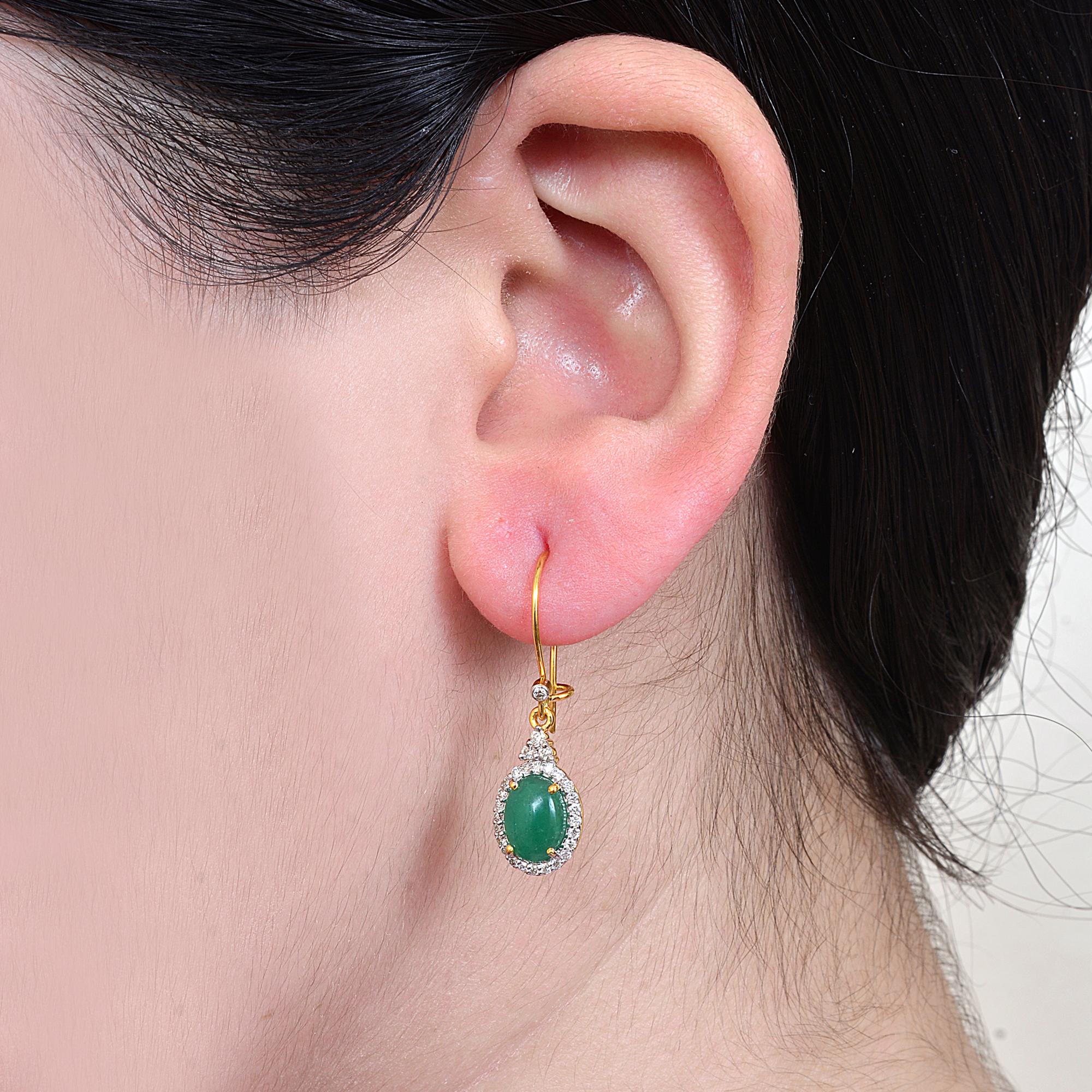 Art Deco Emerald Dangle Earrings with Diamond in 14k Gold For Sale