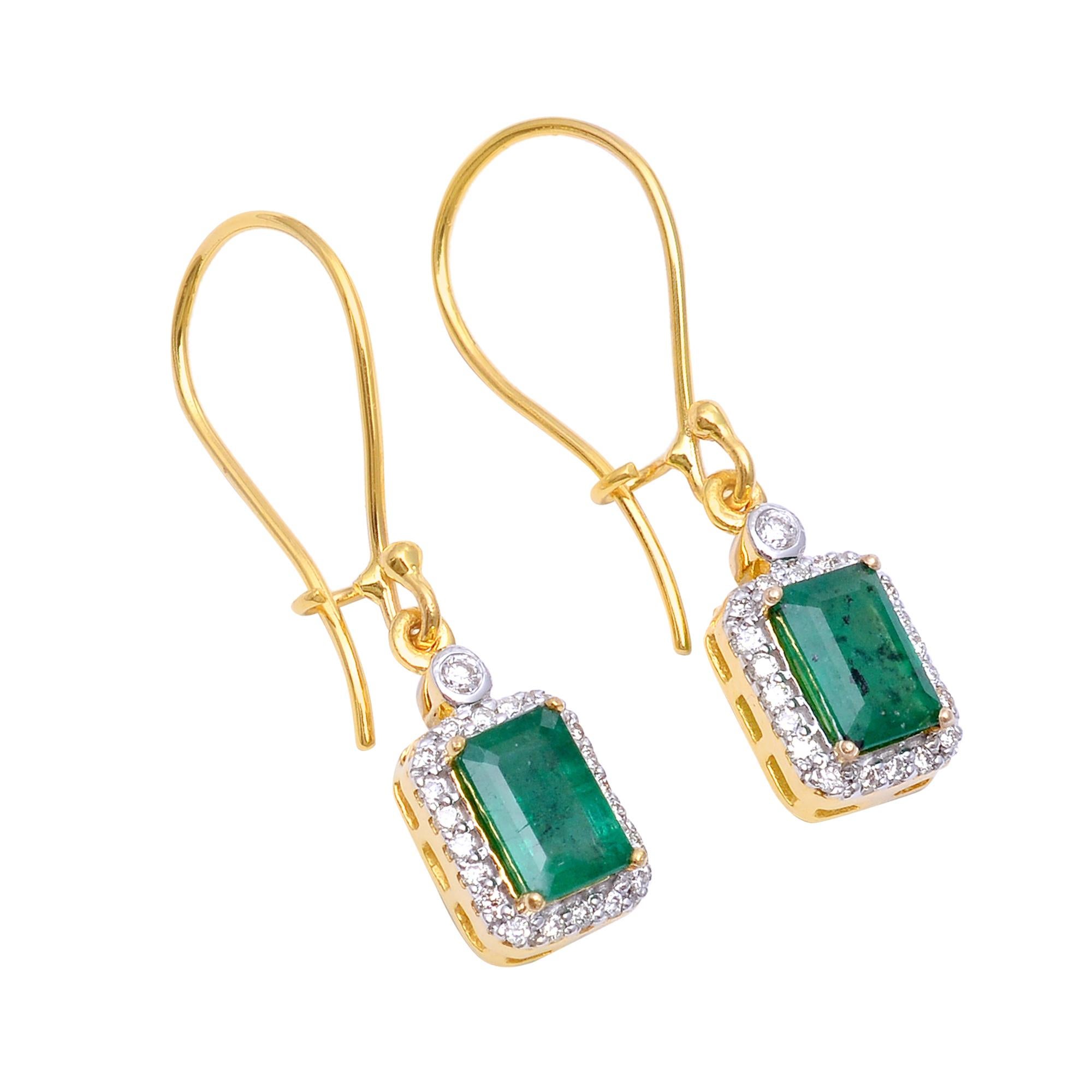 Women's or Men's Emerald Dangle Earrings with Diamond in 14k Gold For Sale