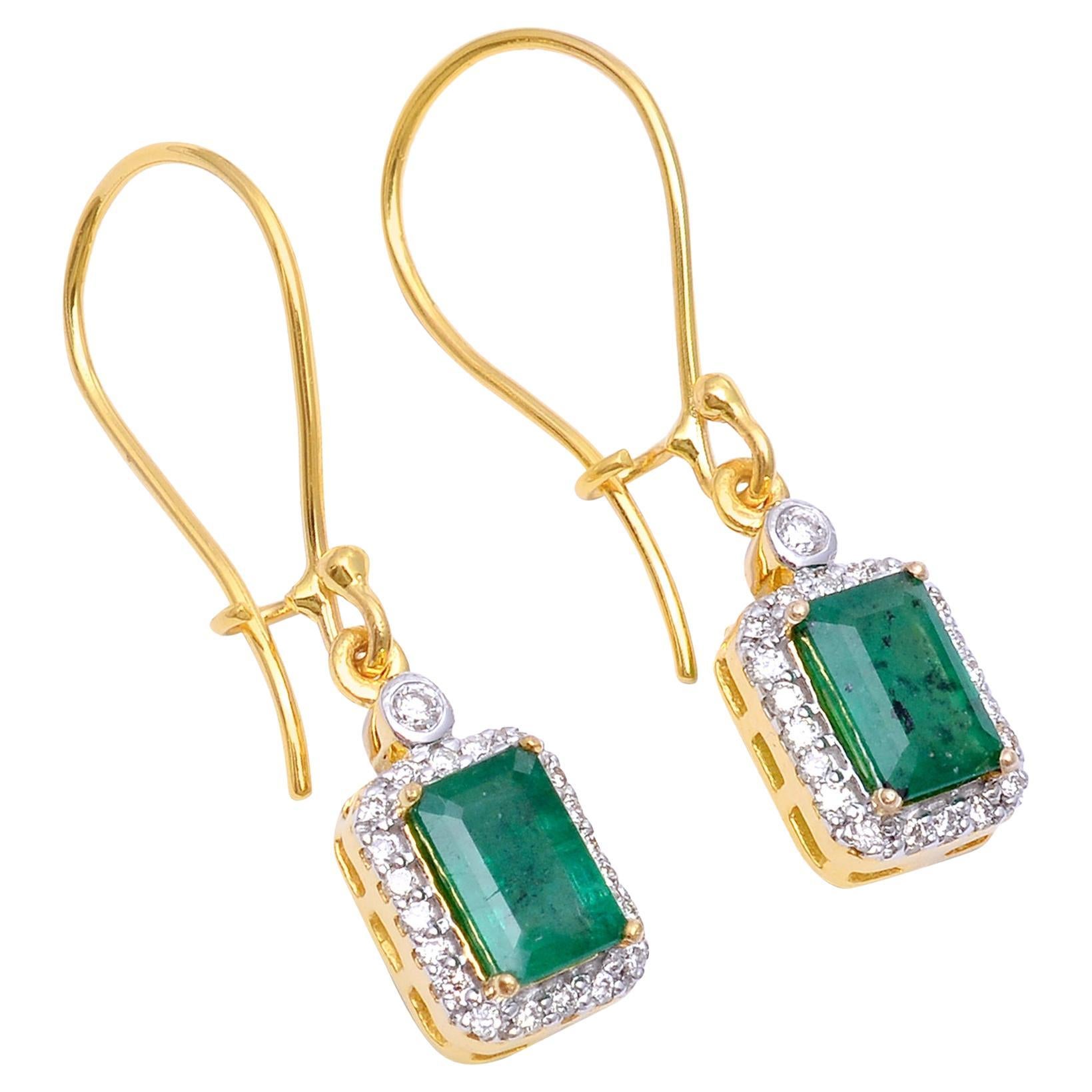 Emerald Dangle Earrings with Diamond in 14k Gold For Sale