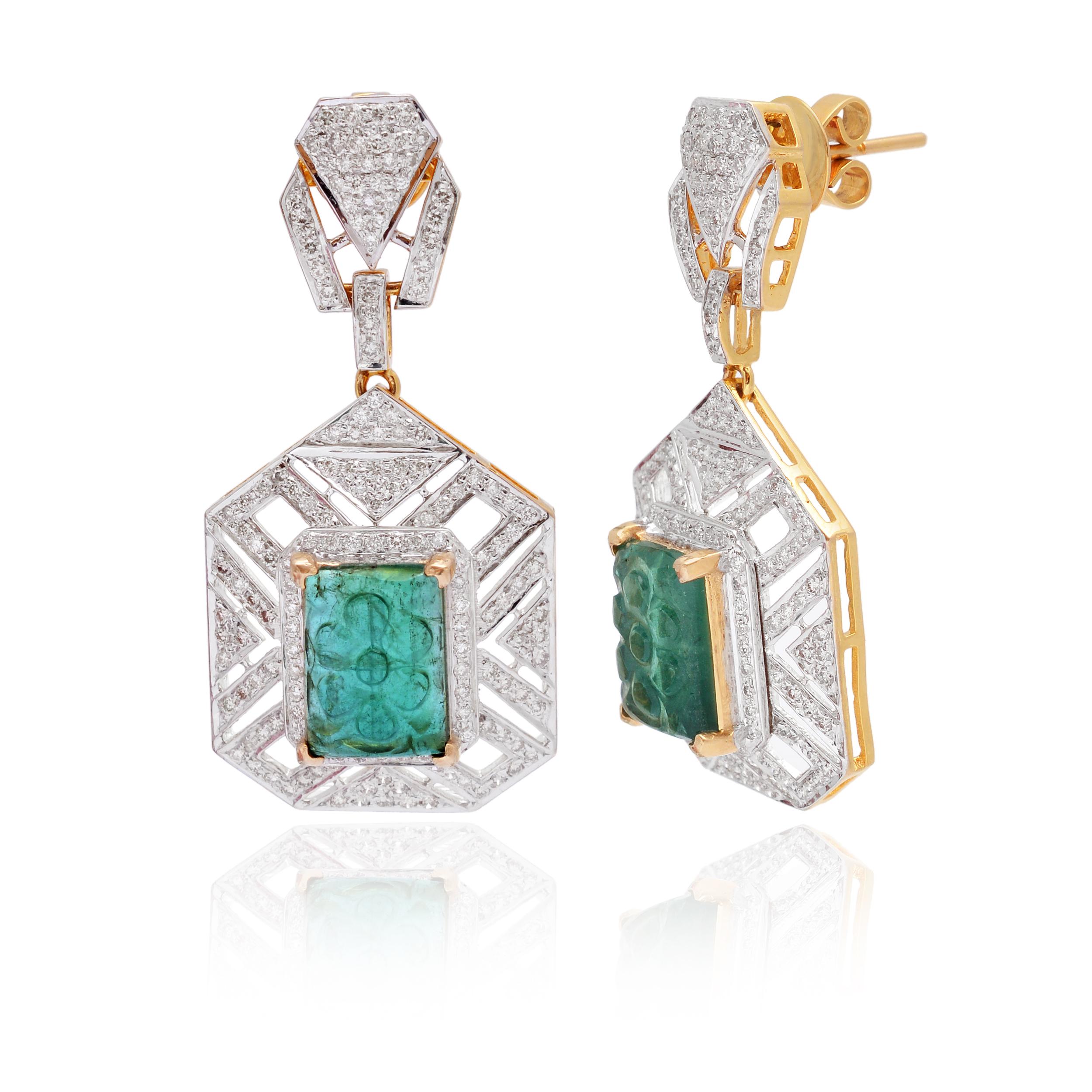 Made with 14K Solid Yellow Gold and 2.26 Ct Natural Diamond (G-H Color, SI1-SI2 Purity) Emerald Gemstone, these earrings are a rare find. With their soft and fluid shapes, these striking earrings add a new dimension to your style and a subtle shine