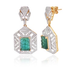 Natural 5.21cts Emerald & 2.26Cts Diamond Dangle Earrings in 18k Gold