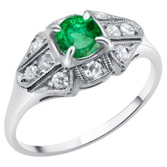 Emerald Diamond 0.90 Carat Retro Platinum Filigree Milgrain Trim Size 6.5 Ring