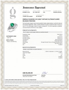 Emerald Diamond 0.92 Carat Vintage Platinum Filigree Milgrain Trim Ring