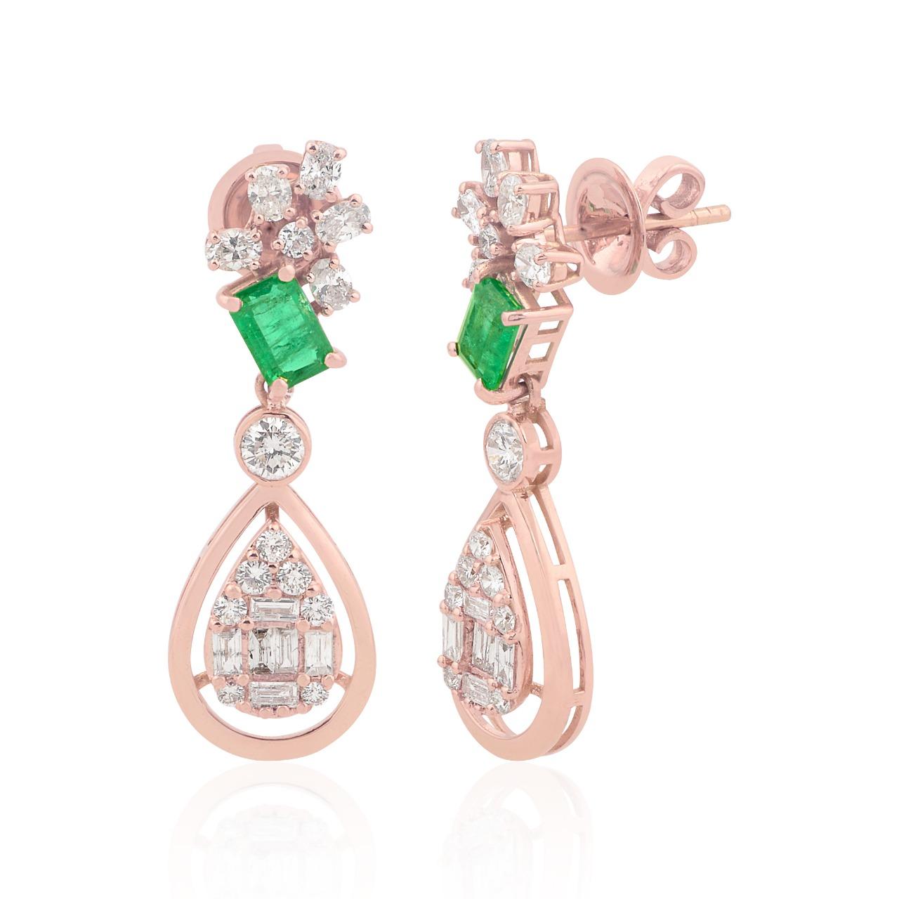Modern Emerald Diamond 14 Karat Gold Earrings For Sale