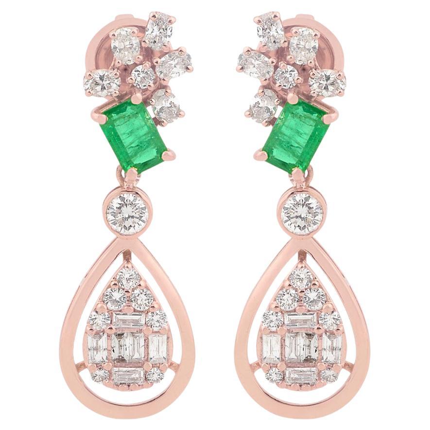 Emerald Diamond 14 Karat Gold Earrings For Sale