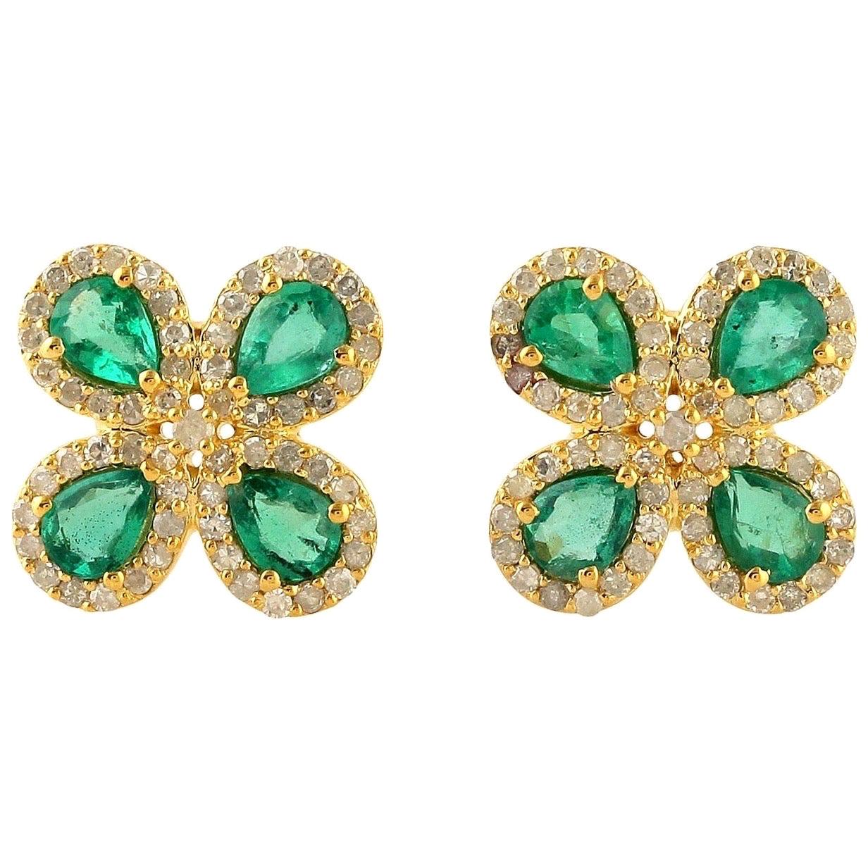 Emerald Diamond 14 Karat Gold Flower Stud Earrings