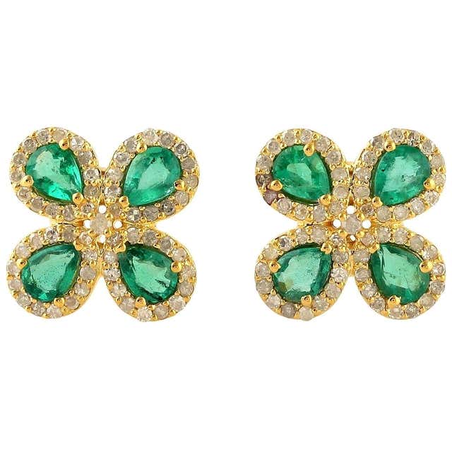 1.88 Carat Emerald Diamond 14 Karat Gold Flower Stud Earrings For Sale ...