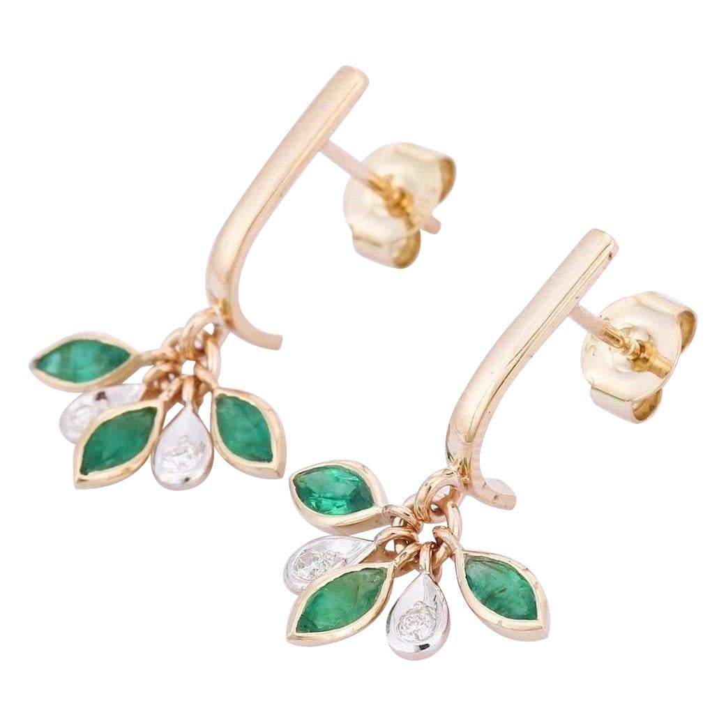 Emerald Diamond 14 Karat Gold Grass Dew Drop Earrings For Sale