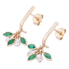 Emerald Diamond 14 Karat Gold Grass Dew Drop Earrings