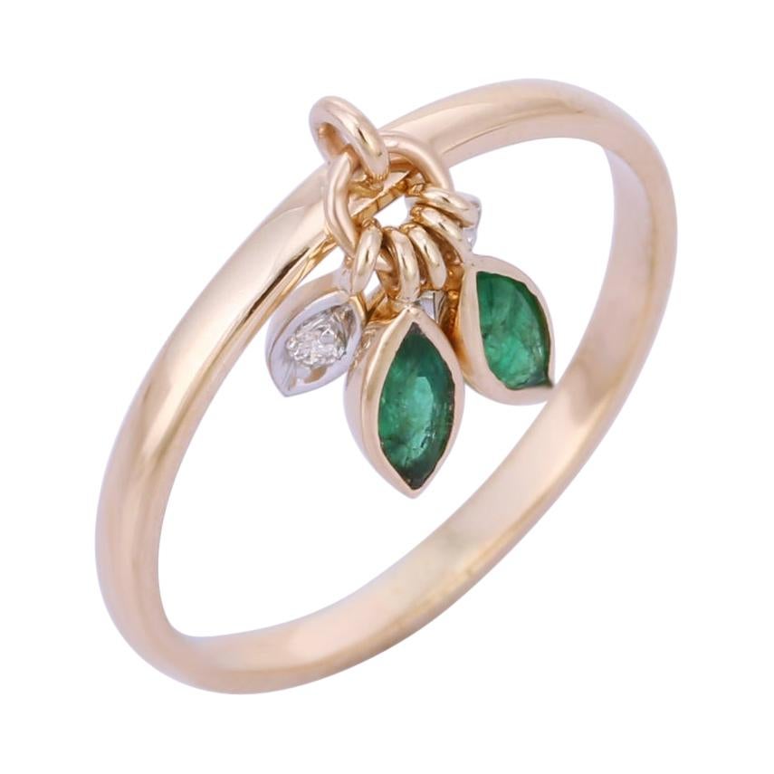 Emerald Diamond 14 Karat Gold Grass Dew Drop Ring For Sale