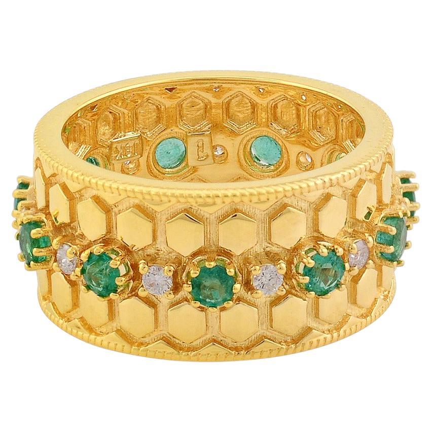 Emerald Diamond 14 Karat Gold Honey Comb Ring For Sale