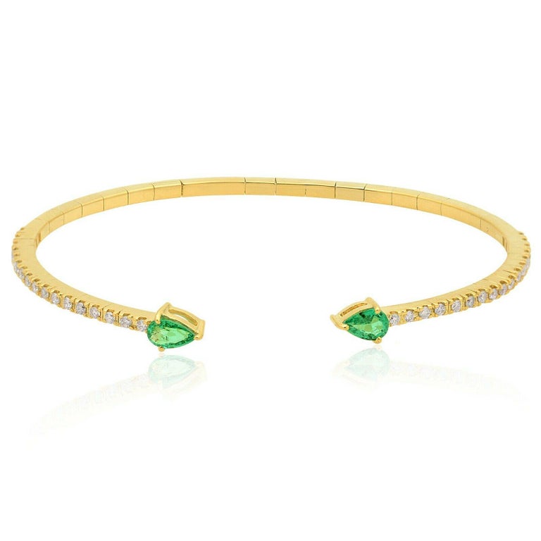 Emerald Diamond 14 Karat Gold Open Bangle Bracelet For Sale at 1stDibs