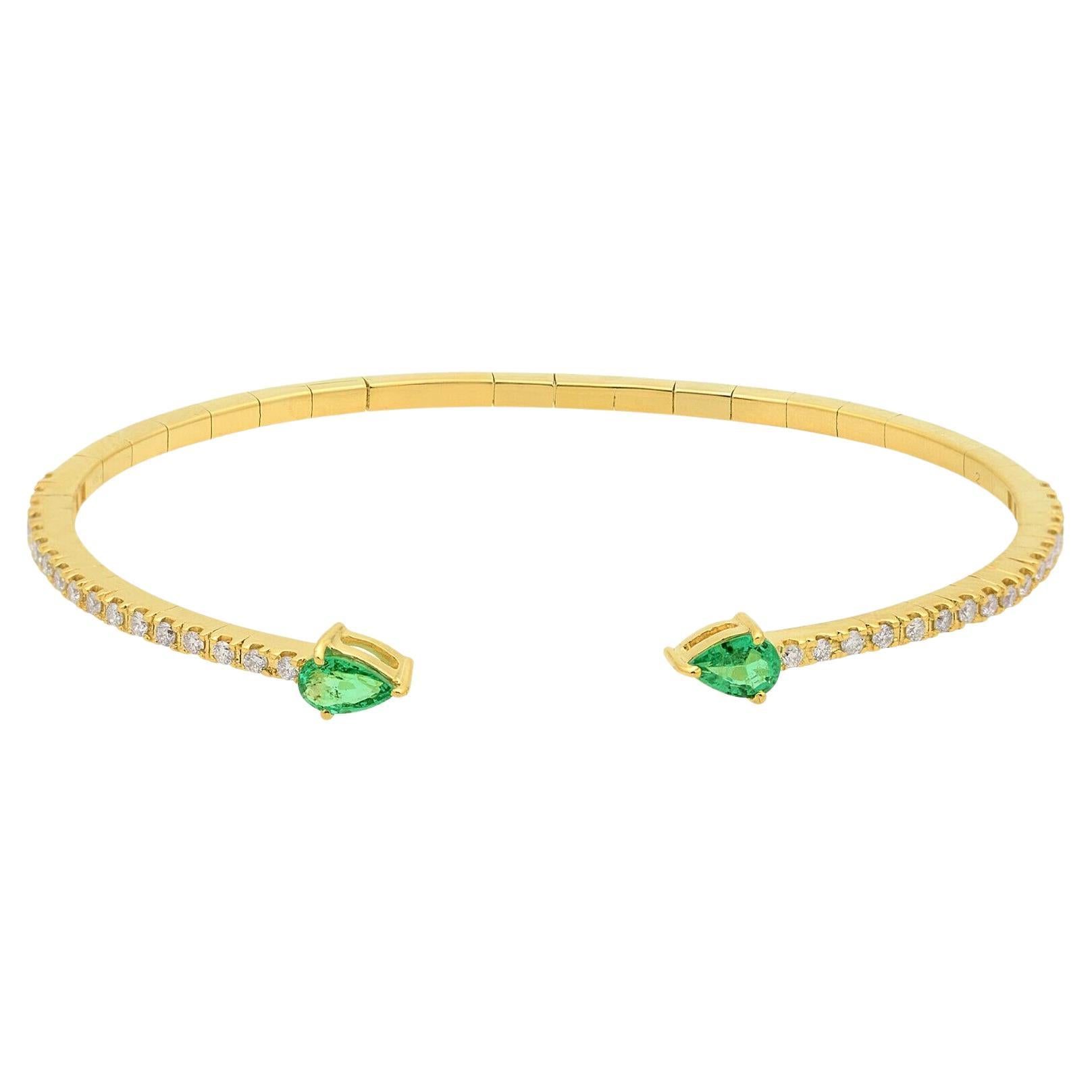 Emerald Diamond 14 Karat Gold Open Bangle Bracelet For Sale