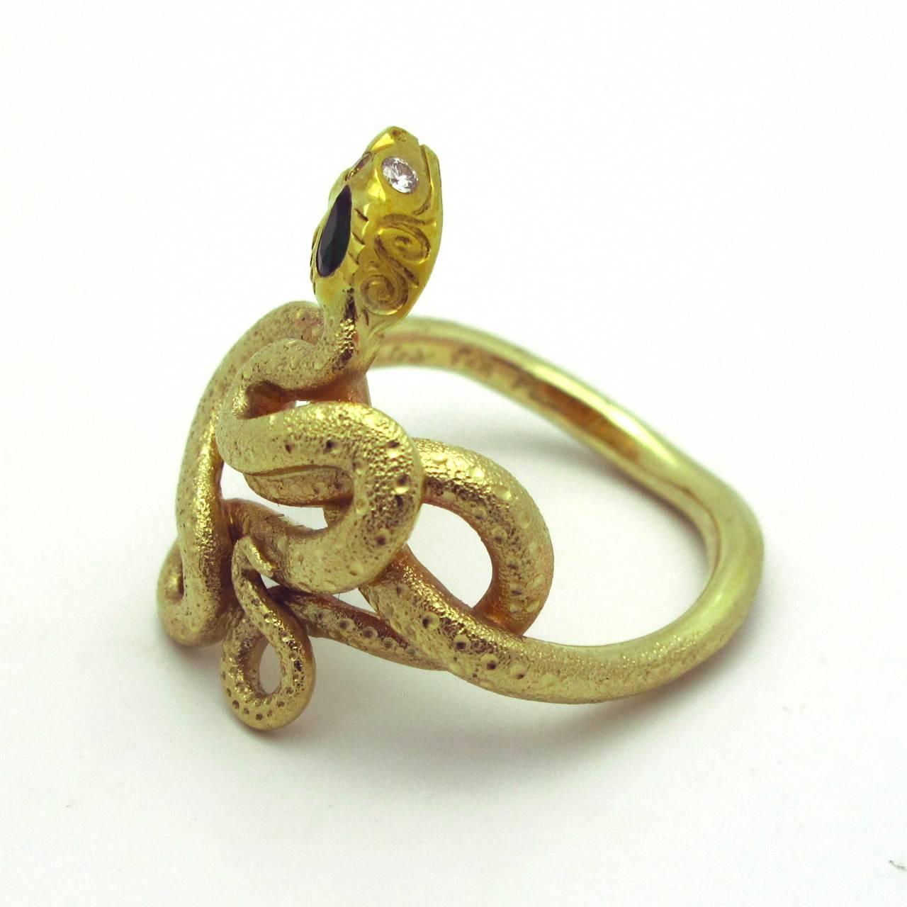 Pear Cut Emerald Diamond 14 Karat Gold Snake Ring For Sale